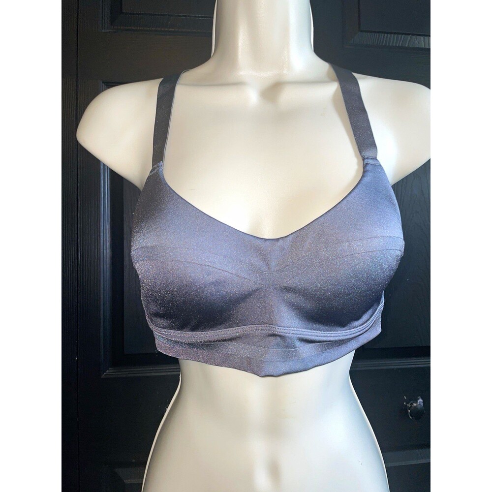 OYSHO 34B Gunmetal Shimmer Sports Bra Cross Back Sparkle Athleisure Gym Y2K